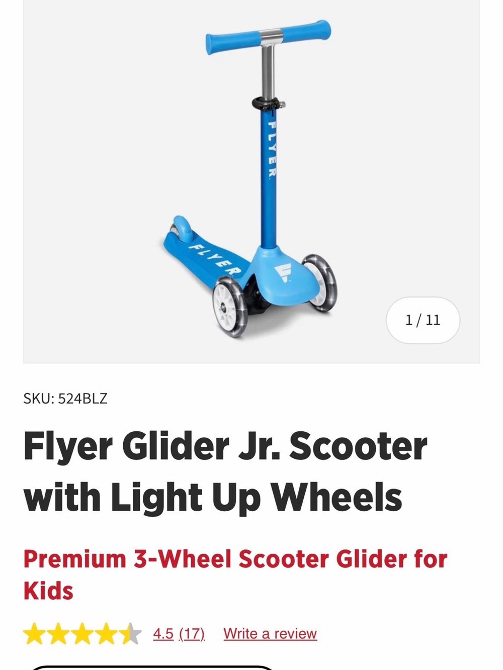 Flyer Glider Jr. Kids Scooter in Blue with Light-Up Wheels